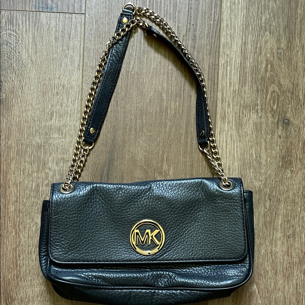Michael Kors Black Leather Shoulder Bag with Gold Chain